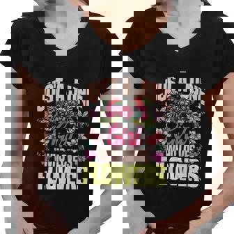 Funny Just A June Girl Who Loves Flowers Birthday Women V-Neck T-Shirt - Monsterry