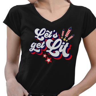 Funny Lets Get Lit Fireworks 4Th Of July Retro Vintage Women V-Neck T-Shirt - Seseable