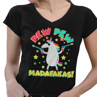 Funny Pew Pew Madafakas Unicorn Women V-Neck T-Shirt - Monsterry CA