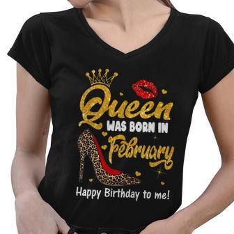 Funny Queen Was Born In February Happy Birthday To Me Leopard Shoe Gift Women V-Neck T-Shirt - Monsterry DE