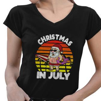 Funny Retro Christmas In July Santa Hawaiian Summer Women V-Neck T-Shirt - Monsterry