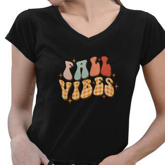 Funny Retro Fall Vibes Groovy Style Women V-Neck T-Shirt - Seseable