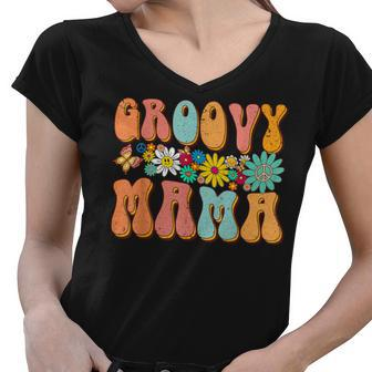 Funny Retro Groovy Birthday Family Matching Cute Groovy Mama Women V-Neck T-Shirt | Seseable CA