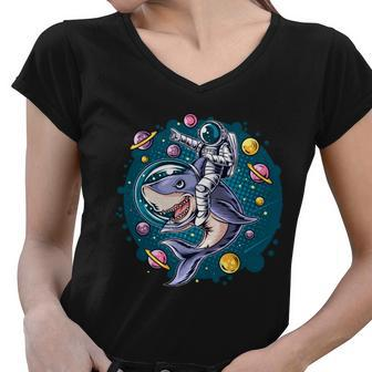 Funny Space Galaxy Astronaut Shark Women V-Neck T-Shirt - Monsterry CA