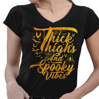 Funny Thick Thighs And Spooky Vibes Pumpkin Halloween Women V-Neck T-Shirt - Seseable