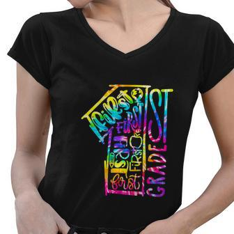 Funny Tie Dye First 1St Grade Typography Back To School Women V-Neck T-Shirt - Monsterry
