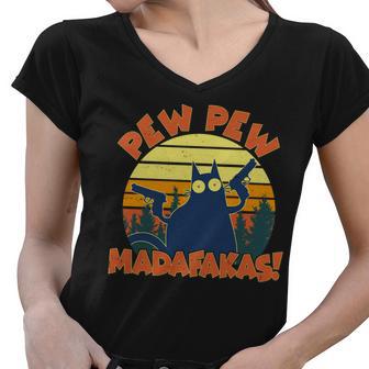 Funny Vintage Pew Pew Madafakas Gun Cat Tshirt Women V-Neck T-Shirt - Monsterry CA