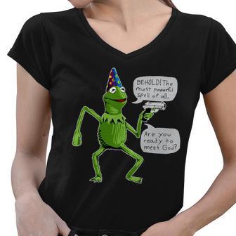 Funny Wizard Kermit Meme Women V-Neck T-Shirt - Monsterry