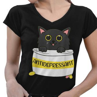 Fur Antidepressant Cute Black Cat Illustration Pet Lover Women V-Neck T-Shirt - Seseable