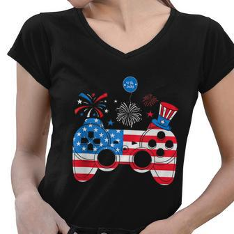 Gamer Video Gaming 4Th Of July Funny Men Boys American Flag Women V-Neck T-Shirt - Monsterry