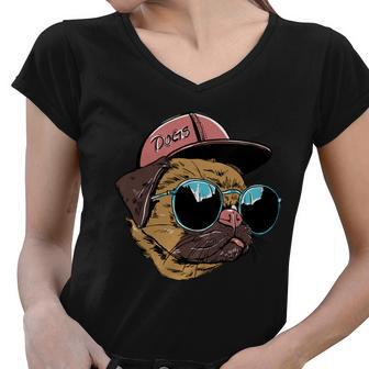 Gangster Pug Dog Hipster Cool Shades Women V-Neck T-Shirt - Monsterry