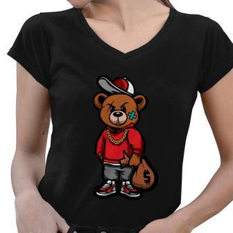 Gangster Teddy Bear Money Bags Good Chain Necklace Sneaker Tshirt Women V-Neck T-Shirt - Monsterry AU