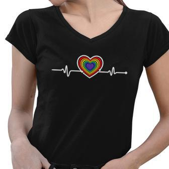 Gay Lesbian Lgbt Heartbeat Lgbt Pride Rainbow Parade Graphic Design Printed Casual Daily Basic Women V-Neck T-Shirt - Thegiftio UK