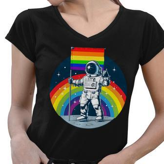 Gay Pride Astronaut Lgbt Moon Landing Women V-Neck T-Shirt - Monsterry