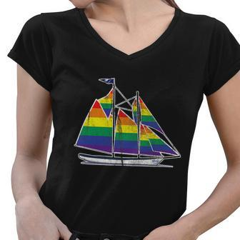 Gay Pride Sailboat Lgbt Lgbtq Rainbow Flag Women V-Neck T-Shirt - Monsterry DE
