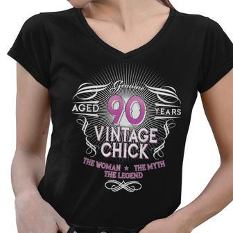 Genuine Aged 90 Years Vintage Chick 90Th Birthday Tshirt Women V-Neck T-Shirt - Monsterry AU