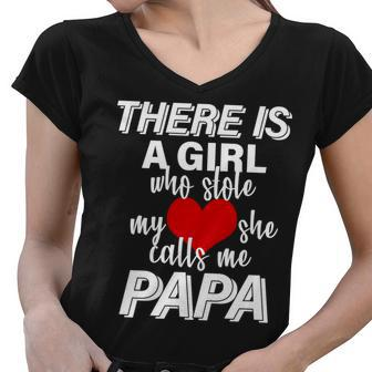 Girl Who Stole My Heat Calls Me Papa Fathers Day Tshirt Women V-Neck T-Shirt - Monsterry
