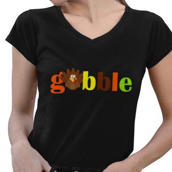 Gobble Cute Turkey Thanksgiving Tshirt Women V-Neck T-Shirt - Monsterry CA