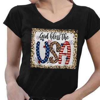 God Bless America Leopard Christian 4Th Of July Patriotic Women V-Neck T-Shirt - Seseable