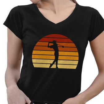 Golf Retro Sunset Golfing Women V-Neck T-Shirt - Monsterry AU