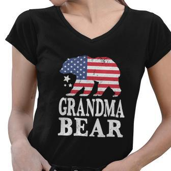 Grandma Bear Patriotic Flag Funny 4Th Of July Women V-Neck T-Shirt - Monsterry