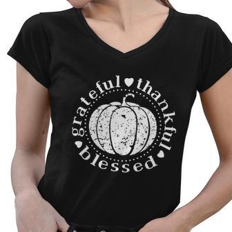 Grateful Thankful Blessed Pumpkin Women V-Neck T-Shirt - Monsterry