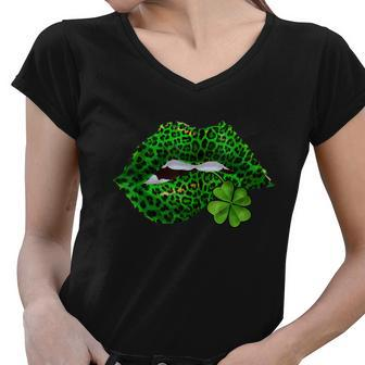 Green Lips Sexy Irish Leopard Shamrock St Patricks Day Graphic Design Printed Casual Daily Basic Women V-Neck T-Shirt - Thegiftio UK