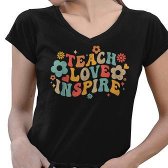 Groovy Retro Teach Love Inspire Back To School Teachers Kids Women V-Neck T-Shirt - Thegiftio UK