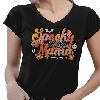 Groovy Spooky Mama Retro Halloween Ghost Witchy Spooky Mom Women V-Neck T-Shirt - Seseable