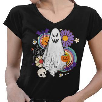 Groovy Vintage Floral Ghost Hippie Halloween Spooky Season Women V-Neck T-Shirt - Thegiftio UK