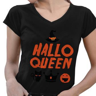 Hallo Queen Witch Hat Pumpkin Cat Halloween Quote Women V-Neck T-Shirt - Monsterry DE