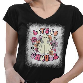 Halloween Bleached Let’S Go Ghouls Floral Party Trick Or Women V-Neck T-Shirt - Thegiftio UK
