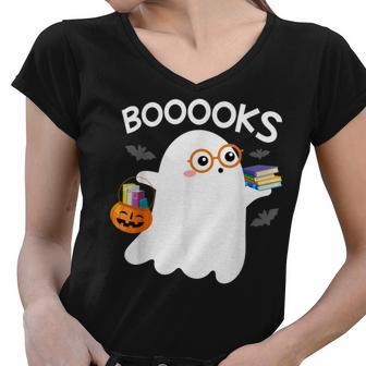 Halloween Booooks Cute Ghost Reading Library Books Halloween V2 Women V-Neck T-Shirt - Thegiftio UK