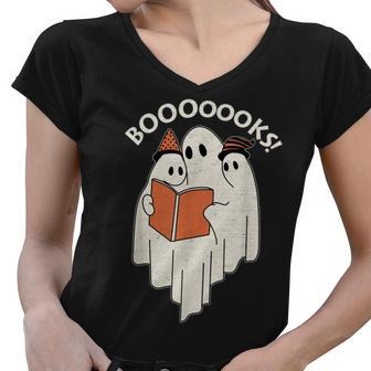 Halloween Booooks Cute Ghost Reading Library Books Halloween V3 Women V-Neck T-Shirt - Thegiftio UK