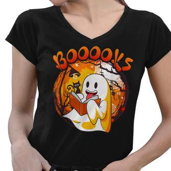 Halloween Booooks Cute Ghost Reading Library Books Halloween V4 Women V-Neck T-Shirt - Thegiftio UK