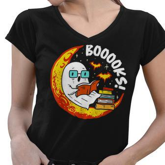Halloween Booooks Cute Ghost Reading Library Books Halloween Women V-Neck T-Shirt - Thegiftio UK