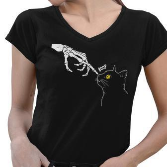 Halloween Cat Black Lover Skeleton Hand Boop Funny Women V-Neck T-Shirt - Seseable