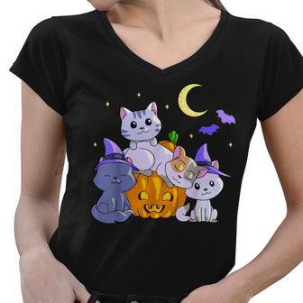 Halloween Cats Anime Cat Kawaii Neko Pumpkin Cat Lover Witch V3 Women V-Neck T-Shirt - Thegiftio
