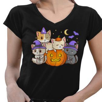 Halloween Cats Anime Cat Kawaii Neko Pumpkin Cat Lover Witch V4 Women V-Neck T-Shirt - Thegiftio