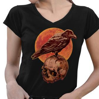 Halloween Cool Raven Crow Skull And Moon Women V-Neck T-Shirt - Monsterry AU