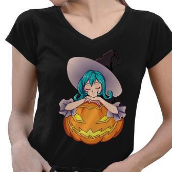 Halloween Cute Anime Witch Pumpkin Tshirt Women V-Neck T-Shirt - Monsterry