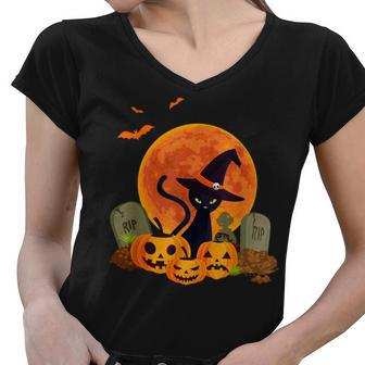 Halloween Cute Witch Cat Mom Pumpkin Graveyard Spooky Cat Women V-Neck T-Shirt - Seseable