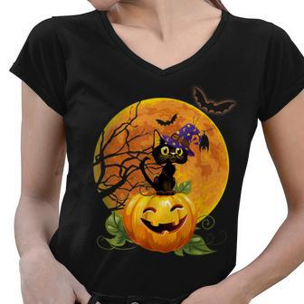 Halloween Cute Witch Cat Mom Pumpkin Moon Spooky Cat Women V-Neck T-Shirt - Seseable