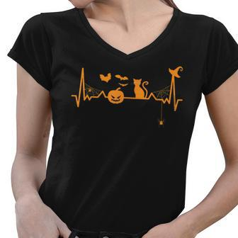 Halloween Lovers Heartbeat Pumpkin Black Cat - Halloween Women V-Neck T-Shirt - Seseable