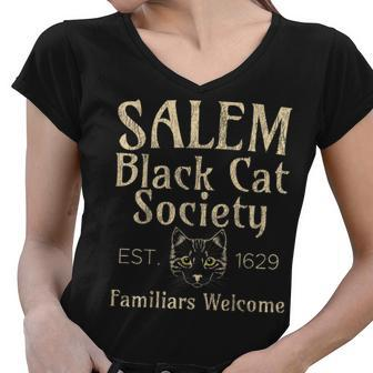 Halloween Salem Black Cat Society Familiars Welcome Women V-Neck T-Shirt - Seseable