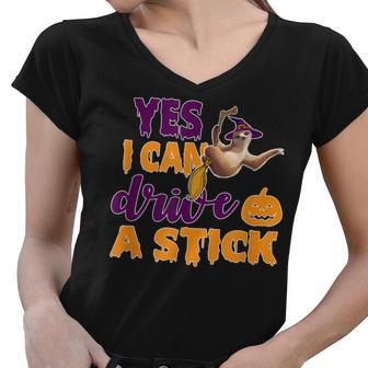 Halloween Sloth Yes I Can Drive A Stick Women V-Neck T-Shirt - Thegiftio UK