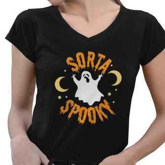 Halloween Sorta Spooky Ghost Hunting Night Moon Women V-Neck T-Shirt - Seseable