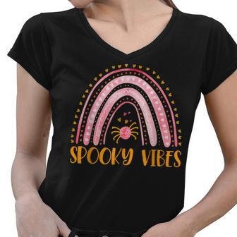 Halloween Teacher Spooky Vibes Rainbow Spider Women Women V-Neck T-Shirt - Seseable