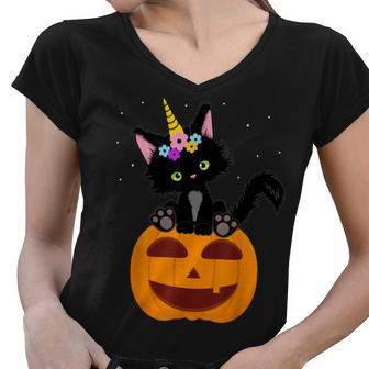 Halloween Unicorn Cat Black Pumpkin Scary Costume Girls Kids Women V-Neck T-Shirt - Seseable