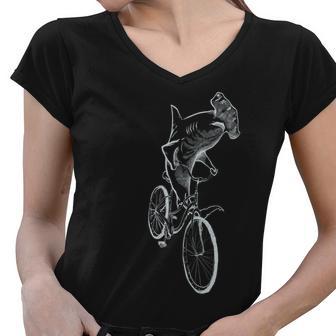 Hammerhead Shark Riding Bicycle Tshirt Women V-Neck T-Shirt - Monsterry UK